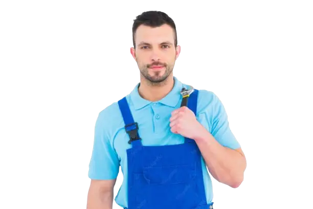 Monteur in blauwe overall met een verstelbare sleutel